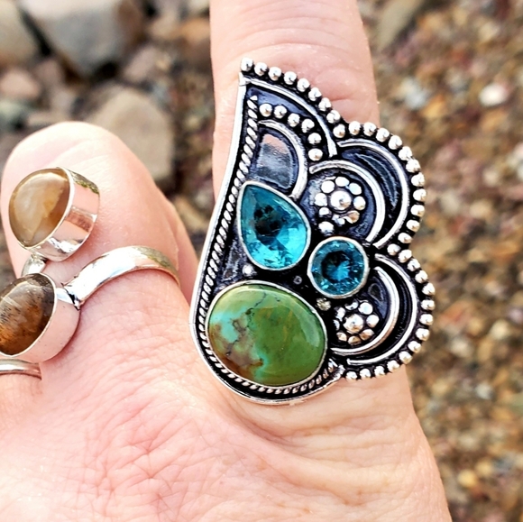 New Chrysocolla & Blue Topaz 925 Silver Ring. - Picture 12 of 16